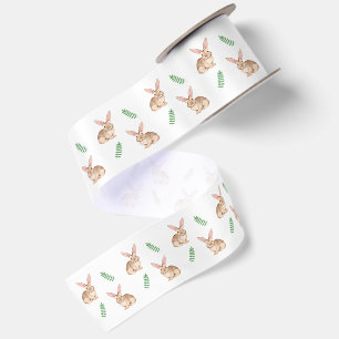 Cute Brown Watercolor Easter Bunny And Greenery Satin Ribbon