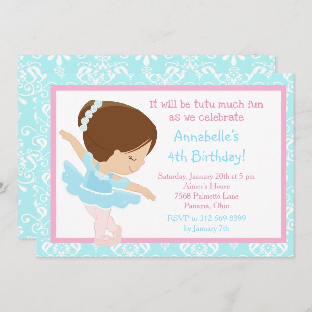 Cute Brunette Ballerina and Blue Damask Invitation (Front/Back)