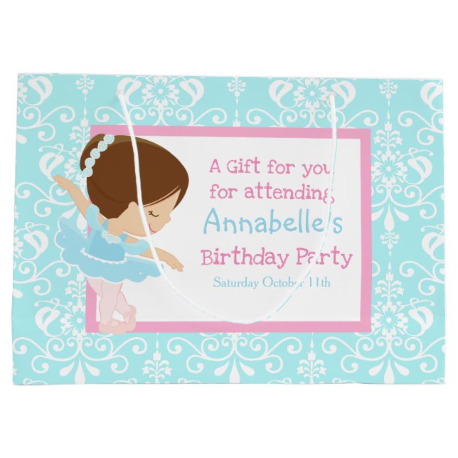 Cute Brunette Ballerina and Blue Damask Thank You Large Gift Bag (Back)