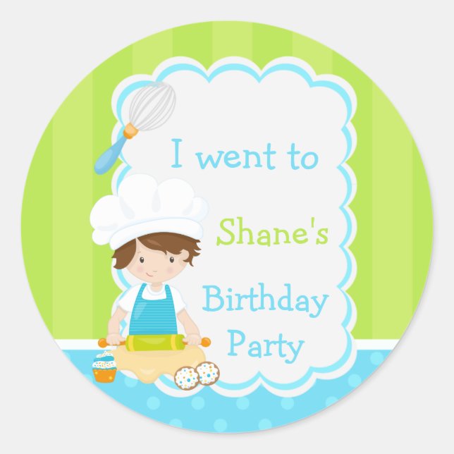 Cute Brunette Boy Baking Birthday Party Classic Round Sticker (Front)