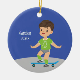 Cute Brunette Boy Skateboard Ceramic Tree Decoration