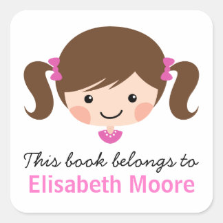 Cute brunette cartoon girl personalised bookplate square sticker