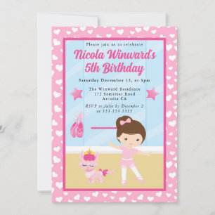 Cute Brunette Girl Ballerina Kids Birthday  Invitation