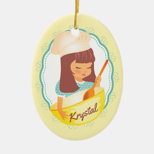 Cute brunette girl chef personalised Christmas Ceramic Tree Decoration (Front)