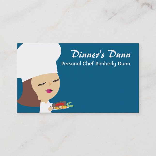 Cute brunette girl chef steak dinner biz cards (Front)