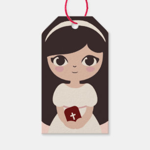 Cute Brunette Girl First Communion White Dress Gift Tags