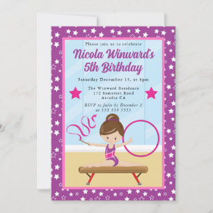 Cute Brunette Girl Gymnast  Kids Birthday  Invitation