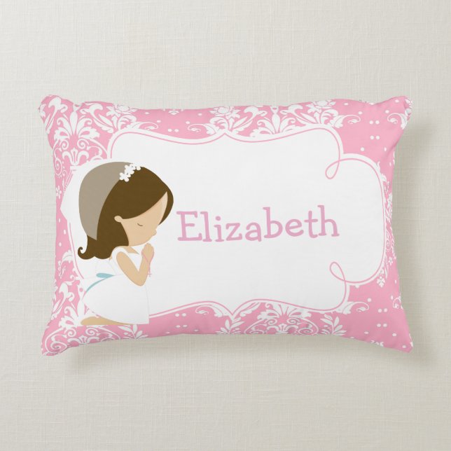 Cute Brunette Girl Praying and Poem Decorative Cushion (Front)