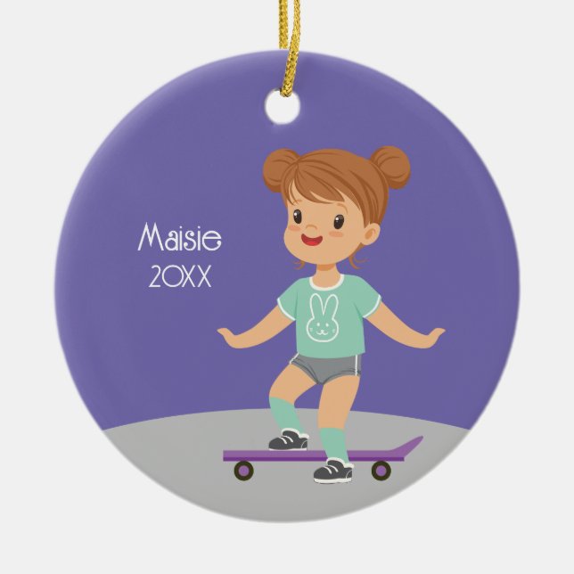 Cute Brunette Girl Skateboard Ceramic Tree Decoration (Front)