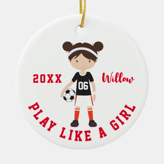 Cute Brunette Girl Soccer Personalised Christmas C Ceramic Tree Decoration (Front)