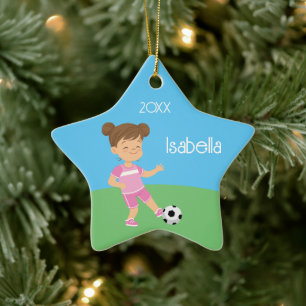 Cute Brunette Girl Soccer Player Ceramic Tree Decoration