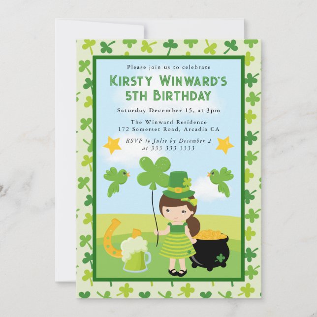Cute Brunette Girl St Patrick's Kids Birthday  Invitation (Front)