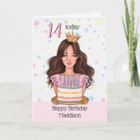 Cute Brunette Girl with Cake Happy Birthday Card