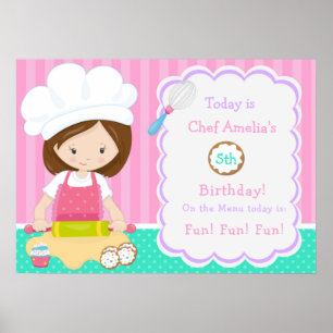 Cute Brunette Hair Girl Baking Birthday Poster