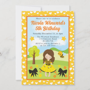 Cute Brunette Haired Bee Dress Girl Kids Birthday Invitation