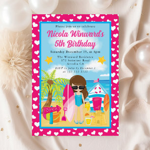 Cute Brunette Haired Girl Beach Kids Birthday  Invitation