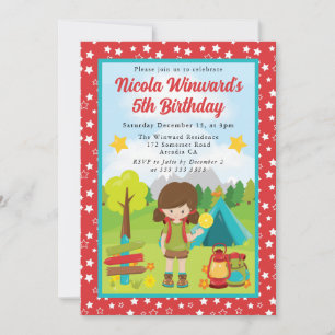 Cute Brunette Haired Girl Camping Kids Birthday Invitation