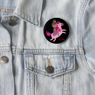 Cute Brunette Haired Girl Riding on a Unicorn 6 Cm Round Badge