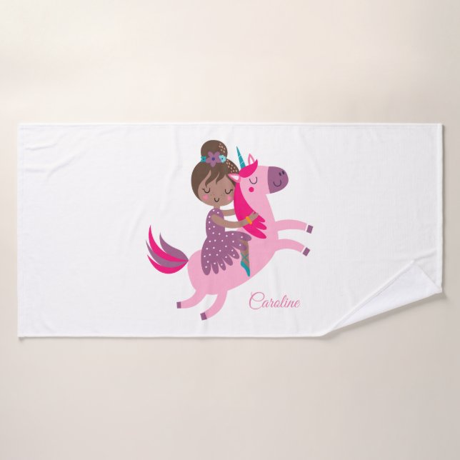 Cute Brunette Haired Girl Riding on a Unicorn Bath Towel (Bath Towel)
