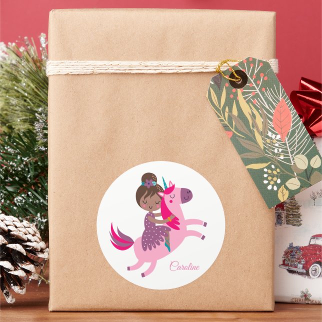 Cute Brunette Haired Girl Riding on a Unicorn Classic Round Sticker (Holiday)