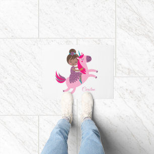 Cute Brunette Haired Girl Riding on a Unicorn Doormat