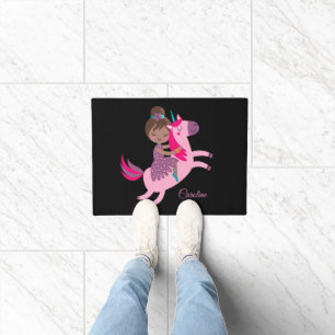 Cute Brunette Haired Girl Riding on a Unicorn Doormat