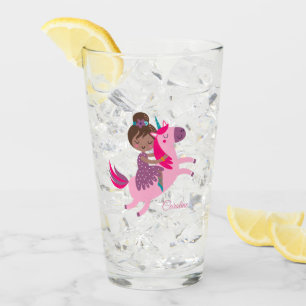 Cute Brunette Haired Girl Riding on a Unicorn Glass