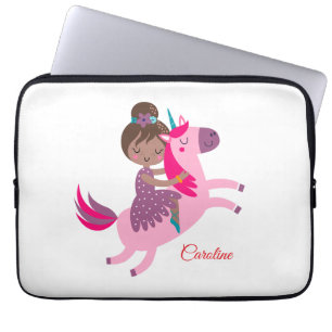 Cute Brunette Haired Girl Riding on a Unicorn Laptop Sleeve