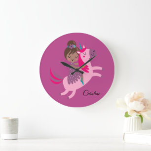 Cute Brunette Haired Girl Riding on a Unicorn Large Clock