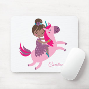 Cute Brunette Haired Girl Riding on a Unicorn Mouse Pad