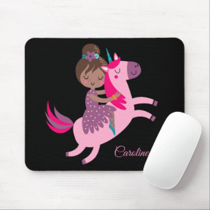 Cute Brunette Haired Girl Riding on a Unicorn Mouse Pad