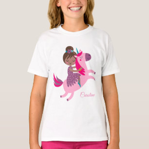 Cute Brunette Haired Girl Riding on a Unicorn T-Shirt