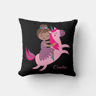 Cute Brunette Haired Girl Riding on a Unicorn Thro Cushion