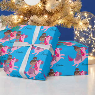 Cute Brunette Haired Girl Riding on a Unicorn Wrapping Paper