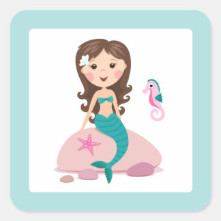 Cute brunette mermaid girl with starfish seahorse square sticker
