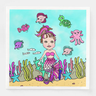 Cute Brunette Mermaid Girls Birthday Party Napkin