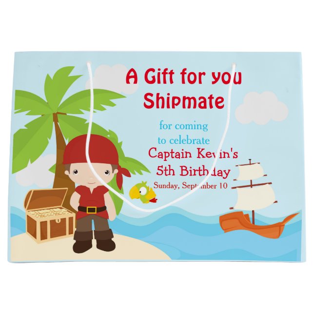 Cute Brunette Pirate Boy in Red Birthday Large Gift Bag (Front)