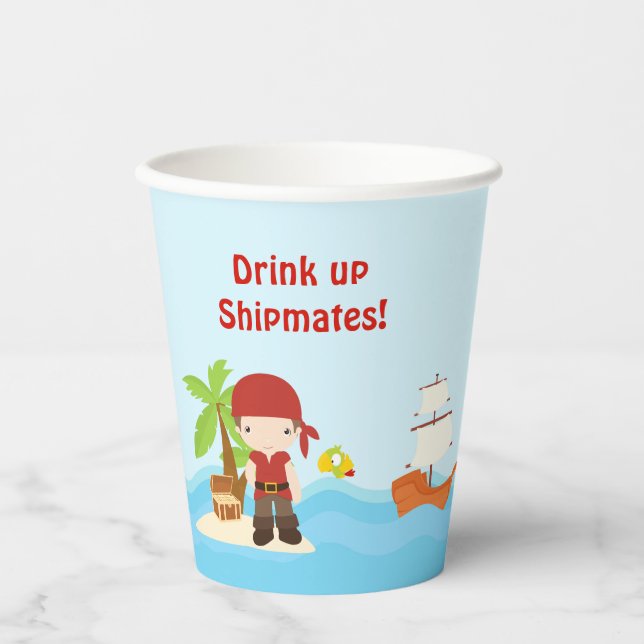 Cute Brunette Pirate Boy in Red Birthday Paper Cups (Front)