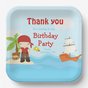 Cute Brunette Pirate Boy in Red Birthday Paper Plate