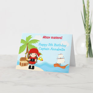 Cute Brunette Pirate Girl Birthday Party Card