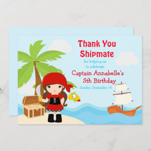 Cute Brunette Pirate Girl Birthday Party Thank You Card