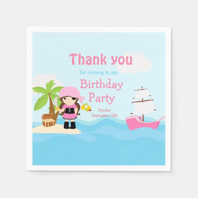 Cute Brunette Pirate Girl in Pink Birthday Party Napkin (Front)