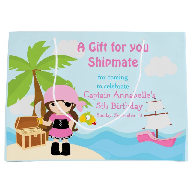 Cute Brunette Pirate Girl in Pink Thank You Large Gift Bag (Front)
