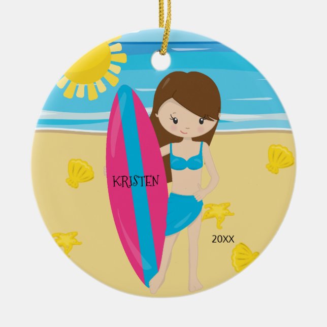 Cute Brunette Surfer Girl Personalised Christmas Ceramic Tree Decoration (Front)