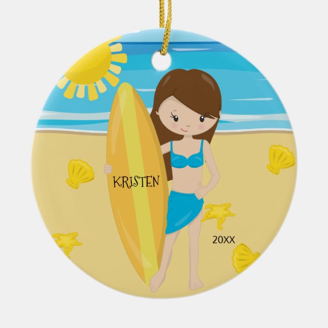 Cute Brunette Surfer Girl Personalised Christmas Ceramic Tree Decoration (Front)