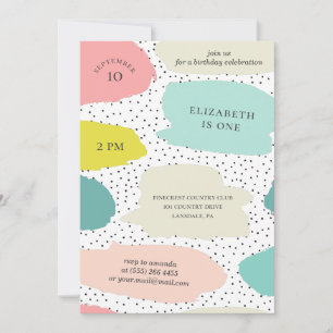 Cute brush strokes. Pink and mint kids birthday Invitation