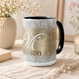 Cute brushed gold faux silver glitter monogram mug