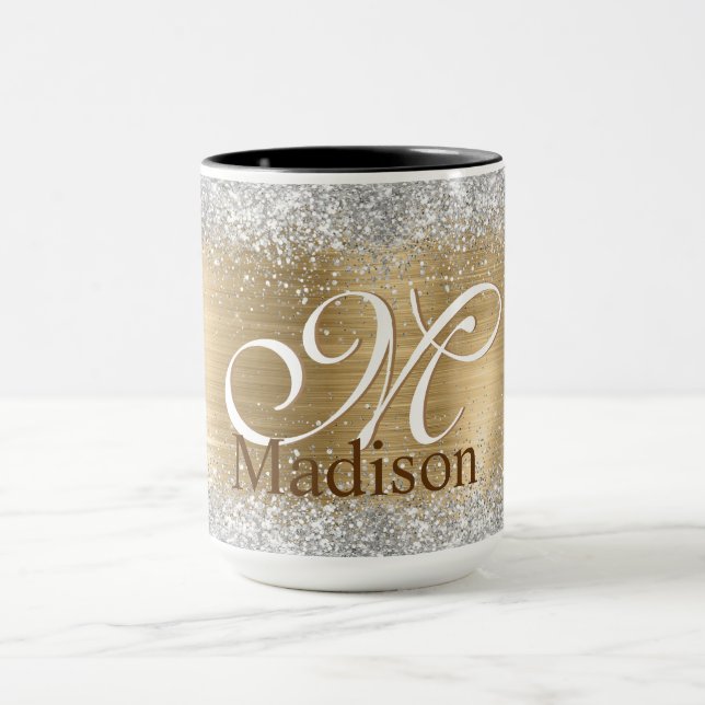 Cute brushed gold faux silver glitter monogram mug (Center)