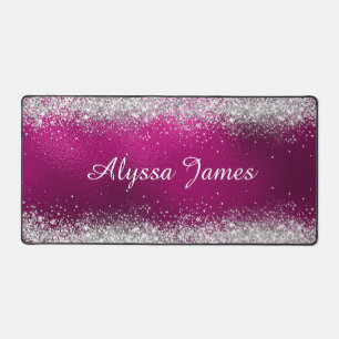 Cute Brushed Hot Pink Foil Faux Silver Glitter  Desk Mat
