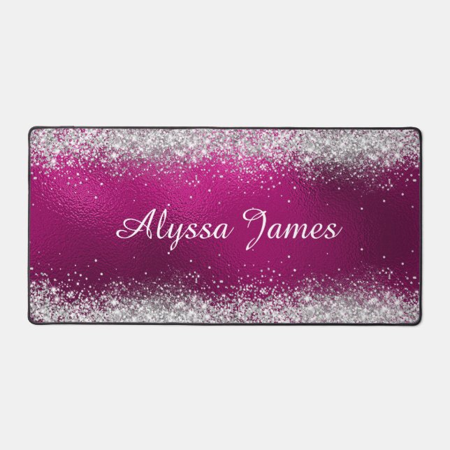 Cute Brushed Hot Pink Foil Faux Silver Glitter  Desk Mat (Front)